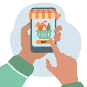 ONLINE TRADING Flat Vector Illustration Set About Shopping from Smartphone Illustrazione stock