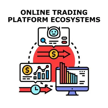 Online trading platform ecosystem managing market investments Stock Illustration