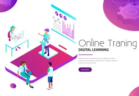 Online training and digital learning via mobile app landing web page Stockillustratie