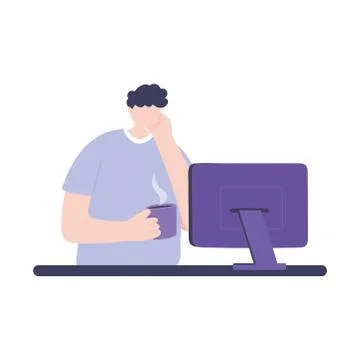 Online training, boy with coffee cup studying in computer, education and courses 스톡 일러스트