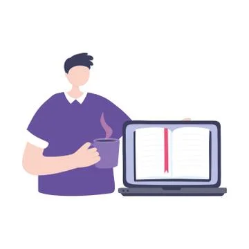 Online training, boy drinking coffee with laptop, education and courses learning イラスト素材