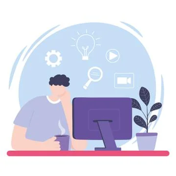 Online training, boy looking video lesson computer, courses knowledge Stock Illustration