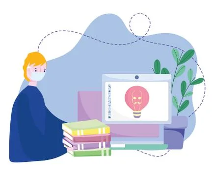 Online training, boy with mask computer books creativity homework, courses 스톡 일러스트