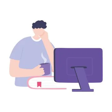 Online training, boy studying with computer and book, education and courses Stock Illustration