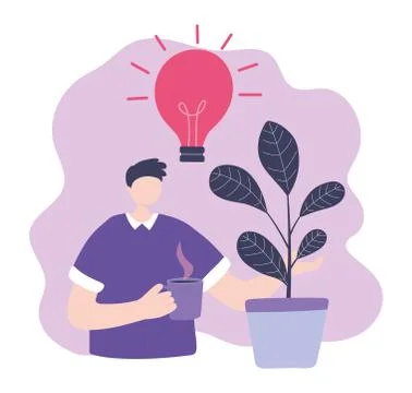 Online training, boy thinking with coffee cup in hand, education and courses Stock Illustration