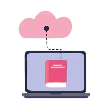 Online training, computer and cloud storage book, education and courses learning Illustrazione stock