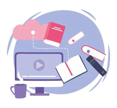 Online training, computer cloud storage books and coffee cup, education and Illustrazione stock