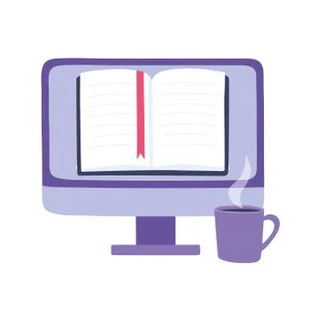 Online training, computer ebook and coffee cup, education and courses learning Stock Illustration
