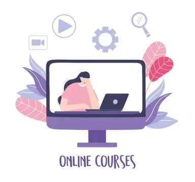 Online training, computer with girl using laptop video, courses knowledge 스톡 일러스트