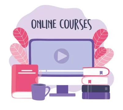 Online training, computer video books and coffee cup, courses knowledge 스톡 일러스트