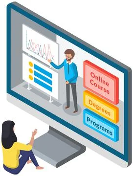 Online training cources. E-learning concept. Female cartoon character talking 스톡 일러스트