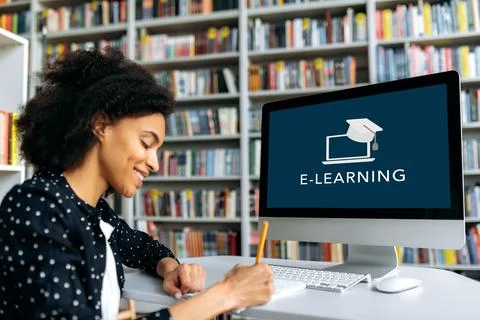Online training, distance learning concept. African American teenage female Stock Photos