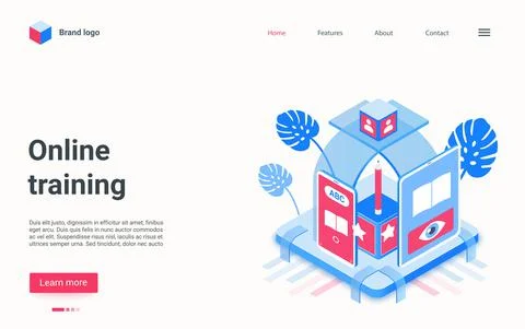 Online training education technology isometric landing page, digital student 스톡 일러스트