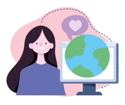 Online training, girl with computer world lesson virtual, courses knowledge Illustrazione stock