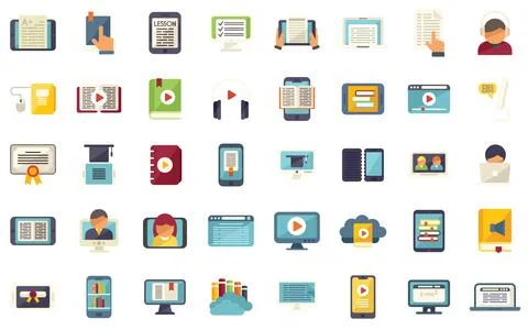 Online training icons set flat vector. Distance course Stockillustratie