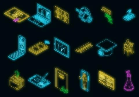 Online training icons set vector neon Illustrazione stock