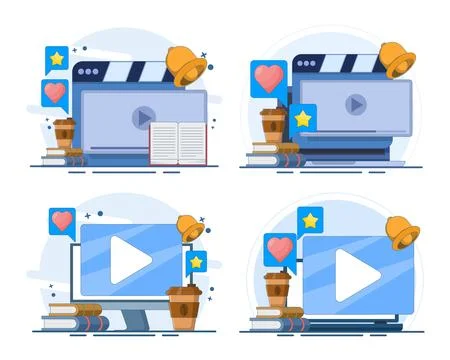 Online training illustration set featuring video lessons, business courses. Stock Illustration
