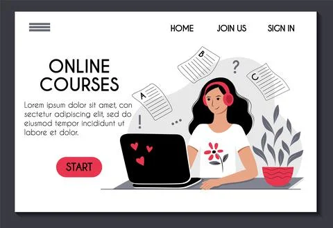 Online training language course website template. E learning at home. Young w Stock Illustration