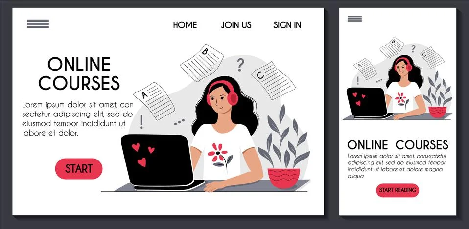 Online training language course website and mobile application template. E Stock Illustration