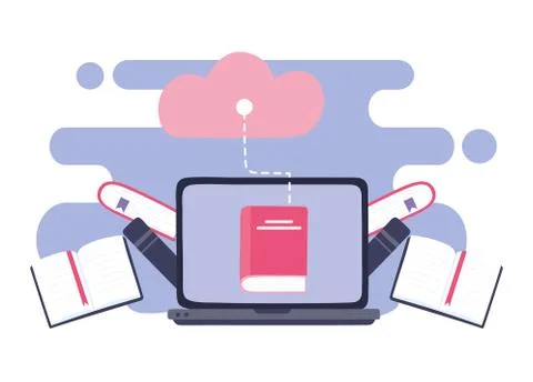 Online training, laptop cloud computing storage data books, education and Stock Illustration