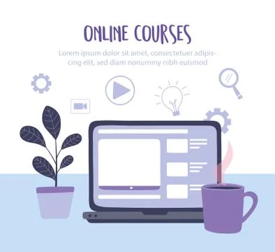 Online training, laptop website content digital, courses knowledge development Stock Illustration