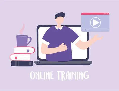 Online training, man computer seminar books video, courses knowledge development Illustrazione stock