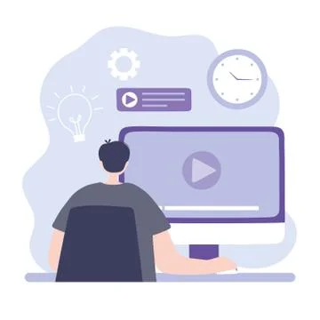 Online training, man in computer studying, courses knowledge development using Illustrazione stock