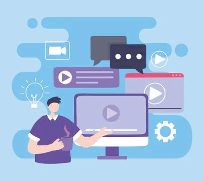 Online training, man with computer video class, education and courses learning Stock Illustration
