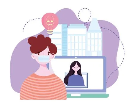Online training, man with mask and girl in video screen computer, courses Illustrazione stock