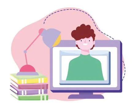 Online training, man in screen computer seminar books, courses knowledge Stock Illustration