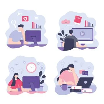 Online training, people with computer laptop studying, courses knowledge 스톡 일러스트
