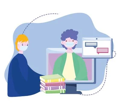 Online training, people with masks computer with books talking, courses 스톡 일러스트