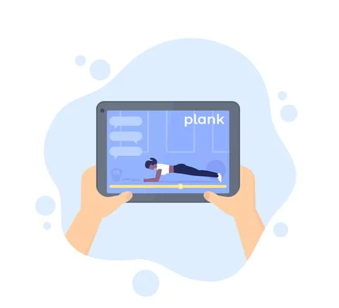 Online training, plank exercise, tablet in hands Stock Illustration