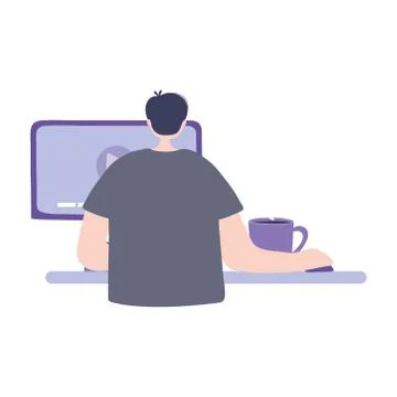 Online training, student boy with computer coffee cup, education and courses 스톡 일러스트