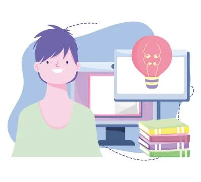 Online training, student computer and books, courses knowledge development using イラスト素材