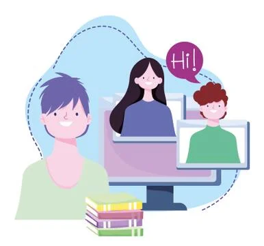 Online training, students computer and books homework, courses knowledge 스톡 일러스트