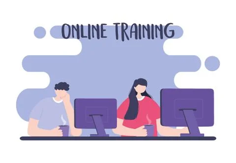 Online training, students using computer with coffee cups, education and courses 库存插图