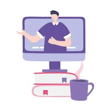 Online training, teacher explaining lesson books computer, education and courses Stockillustratie