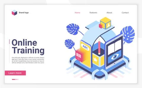 Online training vector isometric landing page template Stock Illustration