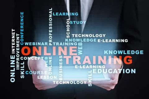 Online training on the virtual screen. Education concept. Words cloud. Stock Illustration
