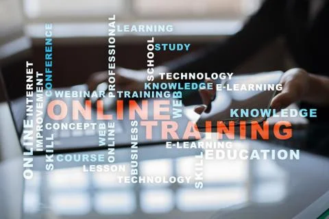 Online training on the virtual screen. Education concept. Words cloud. Фото