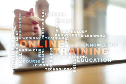 Online training on the virtual screen. Education concept. Words cloud. Stock Photos