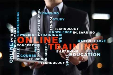 Online training on the virtual screen. Education concept. Words cloud. Stock-Fotos