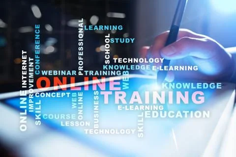 Online training on the virtual screen. Education concept. Words cloud. Stock Photos
