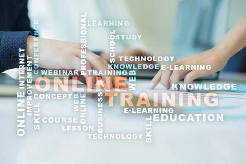 Online training on the virtual screen. Education concept. Words cloud. 库存照片