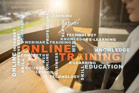 Online training on the virtual screen. Education concept. Words cloud. Fotos Stock