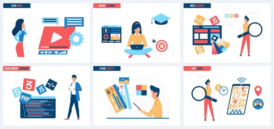 Online training, web design, development of programming language, taxi and plane Stock Illustration