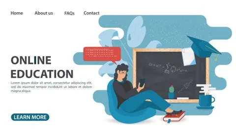 Online training web page design girl sitting in a chair next to a blackboard Stock Illustration