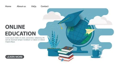 Online training web page design globe with books home education on computer I Stock Illustration