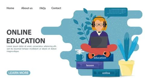 Online training web page design Guy sitting with a laptop on books home educa Stock Illustration